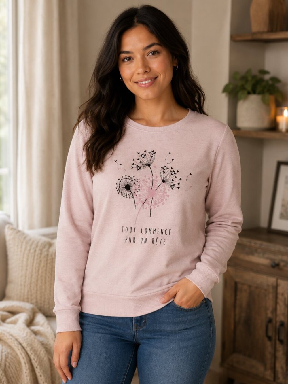 La Vie en Rose Pink Dandelion "Tout Commence par un Rêve" Sweatshirt Size S/P